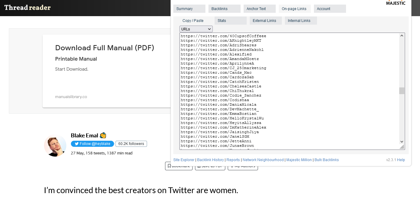 Getting Twitter URLs from the Majestic Browser Extension