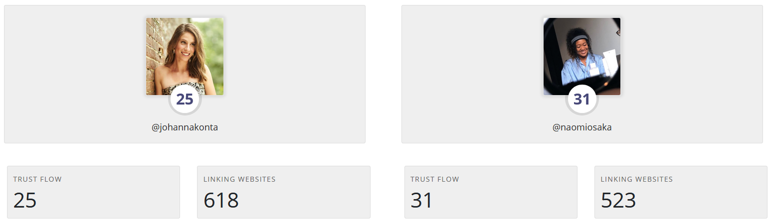 Trust Flow comparison between 2 similar tennis accounts